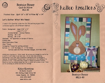 Beatrice Bunny Rabbit Quilted Wall Hanging 16 x 30 Inches or Pile of Eggs Pillow 8.5 x 14 Inches Craft Sewing Pattern KA-80