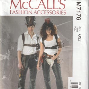 May include: McCall's M7176 fashion accessories pattern. The image shows a man and woman wearing steampunk-inspired outfits. The pattern includes a top hat, leather pants, and various accessories. The pattern size is OSZ.
