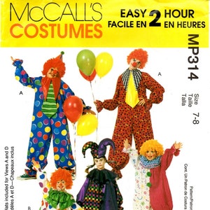 May include: McCall's Costumes pattern for clown costumes. The image shows several clown costume designs, including colorful polka dots, checkered patterns, and ruffled collars. The pattern includes sizes 7-8.