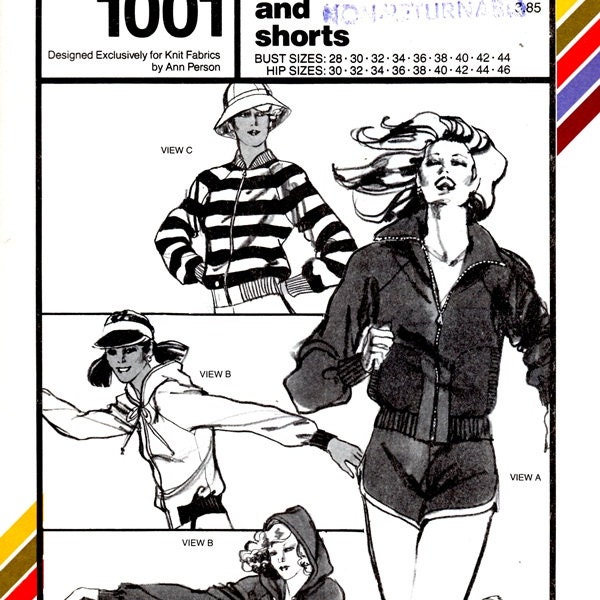 Stretch Sew Vintage Sewing Pattern 1001 Action Wear Jacket Shorts Women Size 28 30 32 34 36 38 40 42 44 Hip Sizes 30 32 34 36 38 40 42 44 46