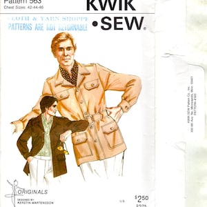 May include: Vintage sewing pattern featuring a man in a tan jacket with a belt and pockets. The pattern is labeled "Kwik Sew" and includes the text "Patterns are not returnable." Chest sizes are listed as 42-44-46.