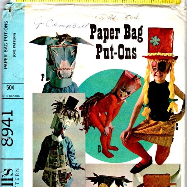 Paper Bag Newspaper Put Ons Children Vintage 1967 Halloween Costume Pattern Owl Chick Doll Clown Cow Donkey McCall's 8941