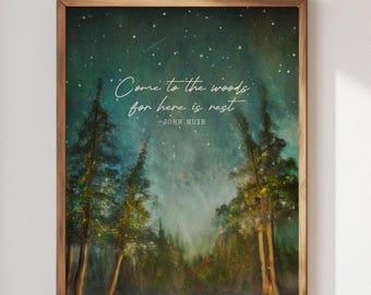 John Muir Quote, Tree Print, Come to the Woods for Here is Rest, Pine Tree Charcoal Drawing, Minimal Nature Décor
