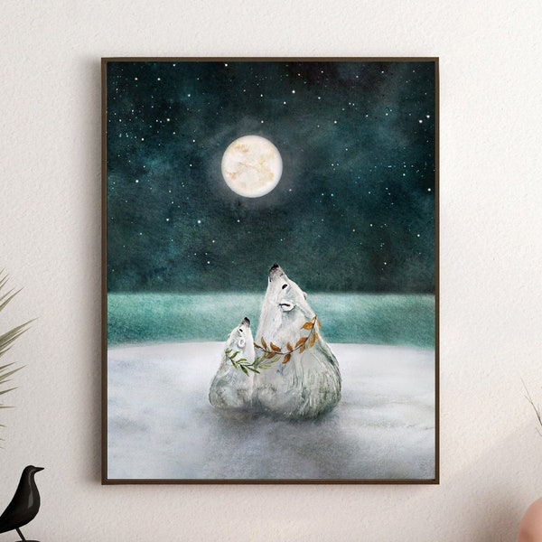 Polar Bear Print, Arctic Animal Nursery Art, Painting of Mama and Baby Polar Bears under the Moon and Stars, Gift for New Mom