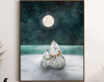 Polar Bear Print, Arctic Animal Nursery Art, Painting of Mama and Baby Polar Bears under the Moon and Stars, Gift for New Mom