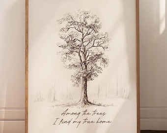 Oak Tree Art Print: Vintage Charcoal Drawing, Nature Quote Among the Trees