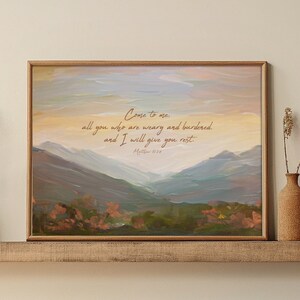 Come To Me All Who Are Weary, Scripture Wall Art Print, Matthew 11:28 Artwork, Vintage Style Landscape Bible Verse Gift,