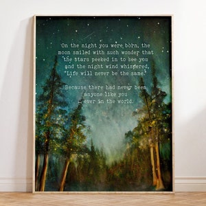 On the Night You Were Born Print, Custom Birth Date Nursery Artwork, Pine Trees and Stars Painting, Starry Night Sky Wall Art