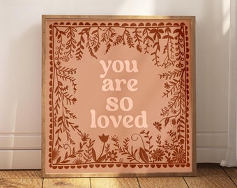 Girls Nursery Quote, You Are So Loved, Peach Flower Wall Art, Scandinavian Floral Artwork