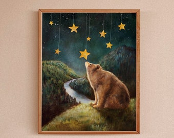 Woodland Nursery Art, Bear and Stars Wall Art Print, Forest Animals Painting, Gift for Baby Shower