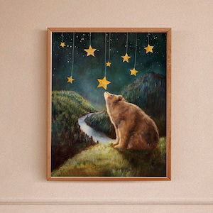 Woodland Nursery Art, Bear and Stars Wall Art Print, Forest Animals Painting, Gift for Baby Shower