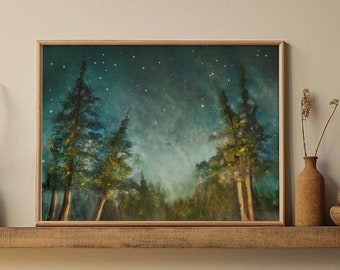 Impresión de arte de maderas enmarcadas, obras de arte de bosques y estrellas cambiantes, pinos y pintura de cielo nocturno