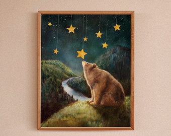 Bear and Stars Print: Woodland Nursery Art, Forest Animals Painting