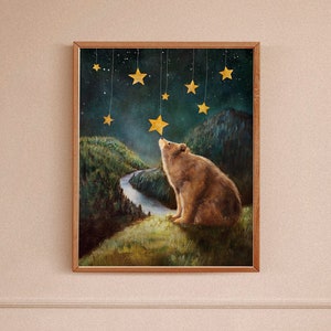 Woodland Nursery Art, Bear and Stars Wall Art Print, Forest Animals Painting, Gift for Baby Shower
