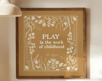 Mr. Rogers Quote, Play is the Work of Childhood, Playroom Décor, Yellow Nursery Wall Art, Scandinavian Folk
