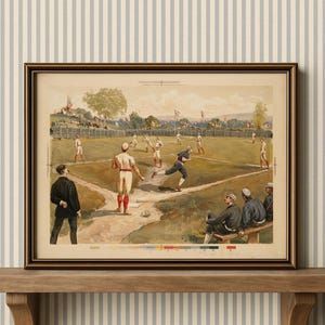 Vintage baseball art print featuring a classic retro-style baseball player illustration, perfect wall décor for man cave, boys’ bedroom, or sports enthusiast.