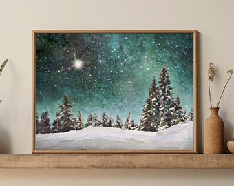 Pinos en la nieve Descarga digital, Arte de la estrella del norte, Decoración navideña de la temporada de invierno, Obra de arte del cielo nocturno estrellado