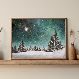 Pine Trees in Snow Print, North Star Art, Christmas Winter Season Décor, Starry Night Sky Artwork