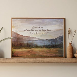 Scripture Wall Art Print, Matthew 11:28 Painting, Vintage Style Landscape Bible Verse Gift, Come to me all who are weary Gospel Artwork