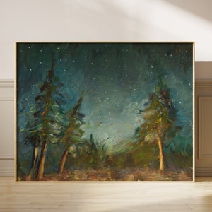 Forest Art Print, Woods Wall Décor, Vintage Stars Artwork, Pine Trees, Starry Night Sky Camping Painting