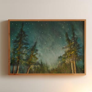 Moody Forest Painting, Starry Night Pines Art Print