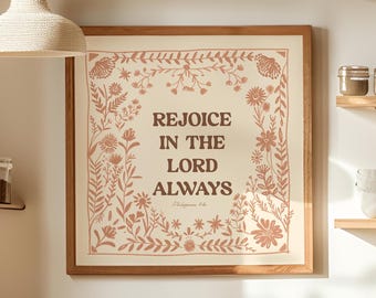 Rejoice in the Lord Always, Philippians 4:4 Print, Gift for Believer, Faith Artwork, Girl's Room, Nordic Style Folk Floral Art