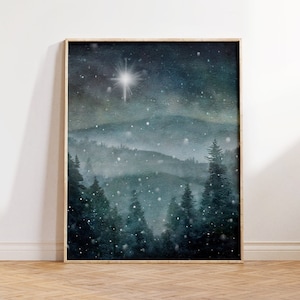 Winter Wall Art Print, Snowy Pine Woods Mountain Painting, North or Bethlehem Star, Christmas Wintery Season Décor,
