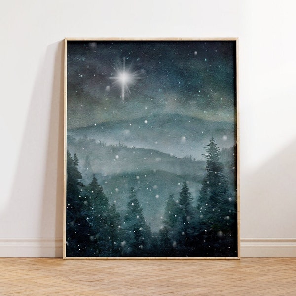 Winter Wall Art Print, Snowy Pine Woods Mountain Painting, North or Bethlehem Star, Christmas Wintery Season Décor,