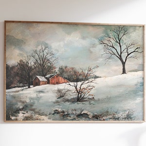 Winter Wall Art Print, Snowy Barn Vintage Style Painting, Cozy Winter Farmhouse Décor Artwork