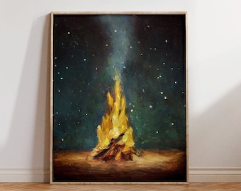 Campfire Wall Art Print, Forest Camping  Painting, Tent Artwork, Cozy Woods with a Blazing Fire Under the Stars, Vintage Style Winter Décor