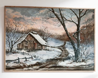 Vintage Winter Art Print, Barn Painting, Snowy Farmhouse Artwork