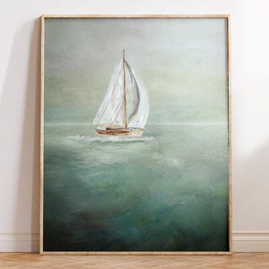Vintage Sailboat Painting, Art for Beach House, Sailing Wall Decor, Minimal Ocean Artwork, Gift for Beach Lover, Sail boat Nursery Print