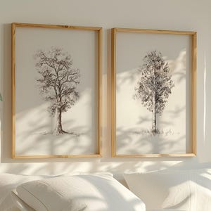 Pine and Oak Trees Sketch Wall Art, Vintage-style Charcoal Pencil Drawing Print, Gift for Tree and Nature Lover