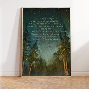 Isaiah 40:26 Wall Art, Bible Verse About Stars, Christian Scripture Print, Pine Trees and Stars, Starry Night Sky