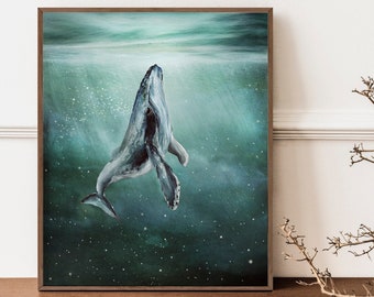 Whale Art Print, Ocean Themed Nursery, Humpback Whale in the Sky Wall Art, Whimsical Whale in Stars,