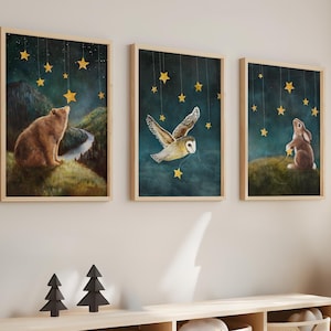 Woodland Animal Nursery Print Set of 3,  Boy or Girl Nursery Art, Forest Animals Hanging Stars, Owl, Bear, Bunny,
