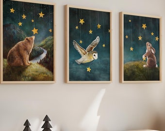 Woodland Animal Nursery Print Set: Owl, Bear, Bunny Hanging Stars
