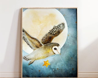 Barn Owl Nursery Print: Whimsical Moon & Stars Wall Art