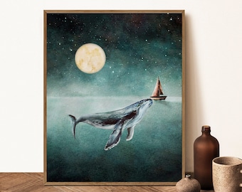 Whale and Boat Art Print, Ocean Nursery, Whimsical Moon Painting,  Humpback Watercolor Painting
