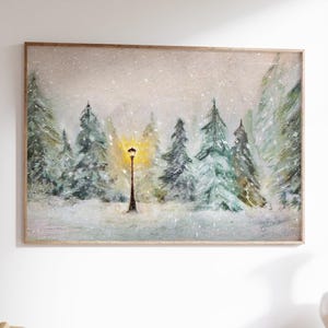 Farola de Narnia, Impresión de C.S. Lewis, Pinos nevados, Arte mural invernal, Crónicas de, Vacaciones navideñas vintage, Obra de arte del armario de la bruja del león.