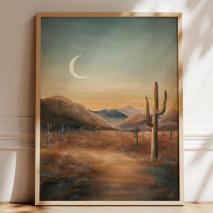 Desert Southwest Oil Painting Print | Arizona Cactus Landscape | Soft Muted Vintage Wall Art | Available Framed and Unframed