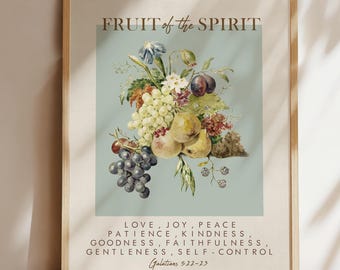 Fruit of Spirit Scripture Print, Galatians 5:22-23 Bible Verses, Love Joy Peace Encouraging Artwork, Vintage Painting
