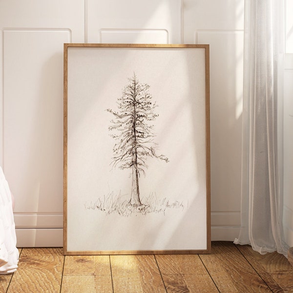 Pine Tree Pencil Sketch, Winter Print, Minimal Neutral Wall Décor, Vintage Forest Nature Wall Art