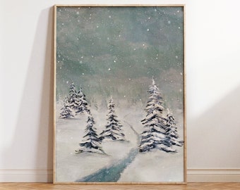 Winter Wall Art Print, Snow on Pine Tree Painting, Wintery Woods Landscape Décor