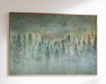 Pine Forest Winter Art, Snowy Woods Painting, Vintage Christmas Print