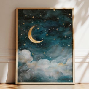 Moon and Stars Nursery Art Print, Whimsical Oil Painting, Night Sky Artwork