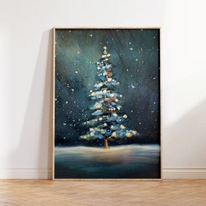 Holiday Wall Décor, Snowy Christmas Tree with Lights Print, Pine Painting Art