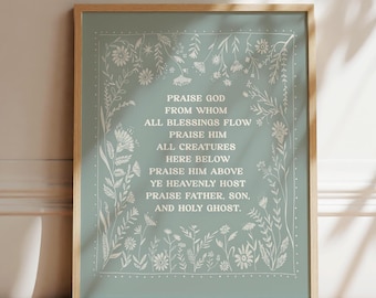 Doxology Art Print, Praise God Through Whom All Blessings Flow, Christian Art, Vintage Blue and Cream