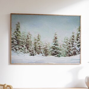 Pine Trees Winter Print, Vintage Snowing Woods Artwork, Snow Trees Forest, Minimal Winter Art