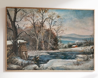 Arte de la pared de invierno, pintura de granero vintage, decoración del paisaje del Medio Oeste, Colorado o Cascades Mountain,